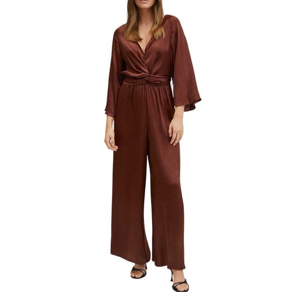 New MNG MANGO Brown Copper Satin Wide Leg 3/4 Flare Sleeve Jumpsuit Sz M